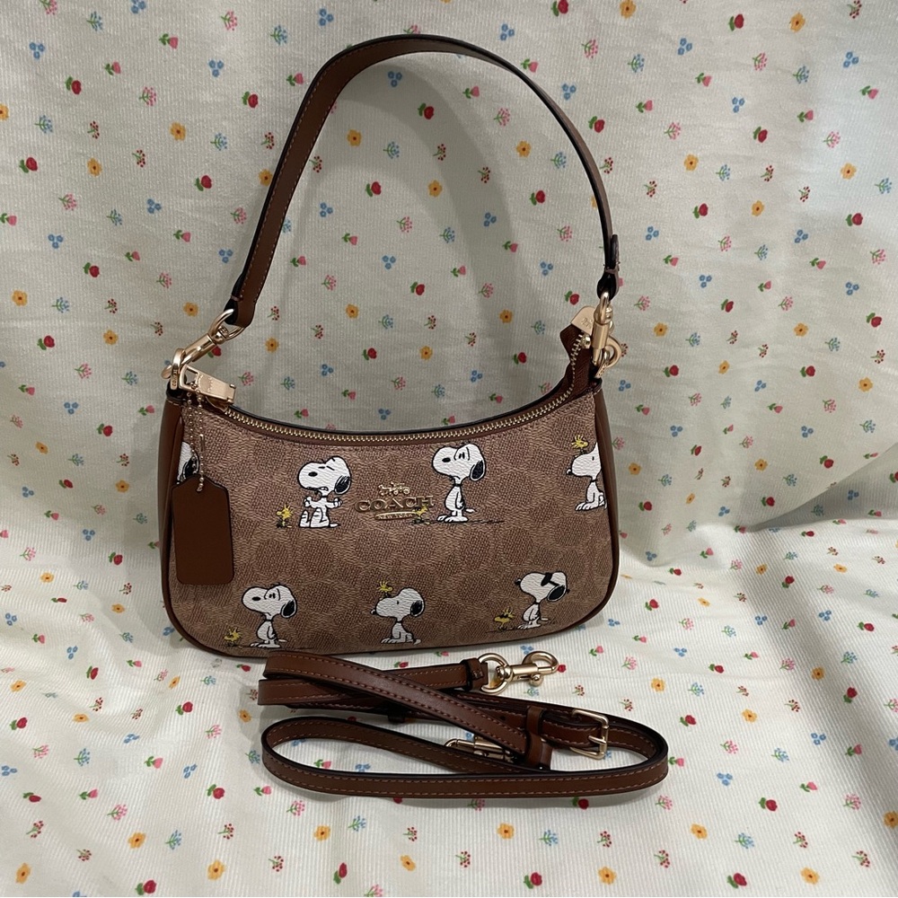 Coach x Peanuts Brown Snoopy Canvas Shoulder Bag